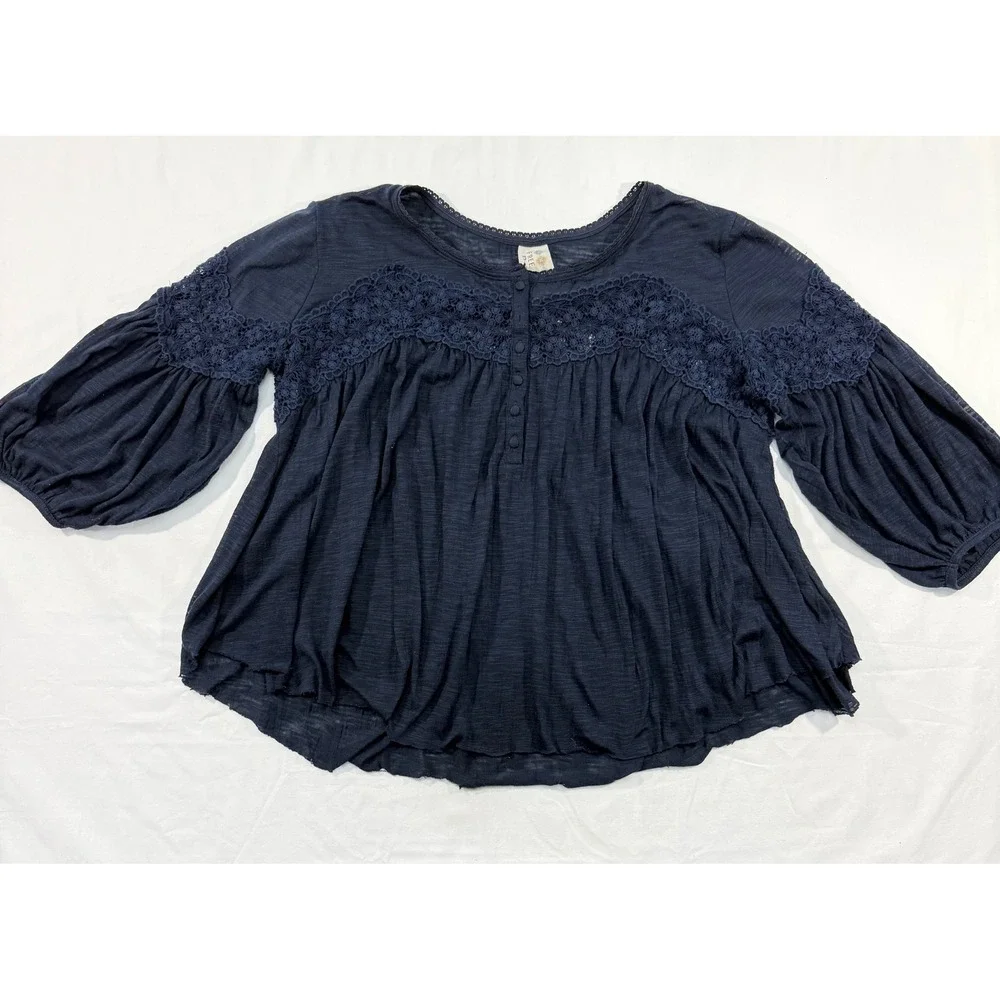 Free People Navy Blue Crochet Lace Babydoll Henley Puff Sleeve Top S